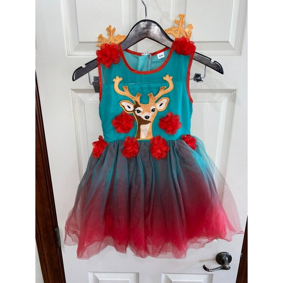 New Girls Bebe Tulle Deer Dress With Floral Embellishments Size 6T Teal & Red Om - Picture 4 of 6